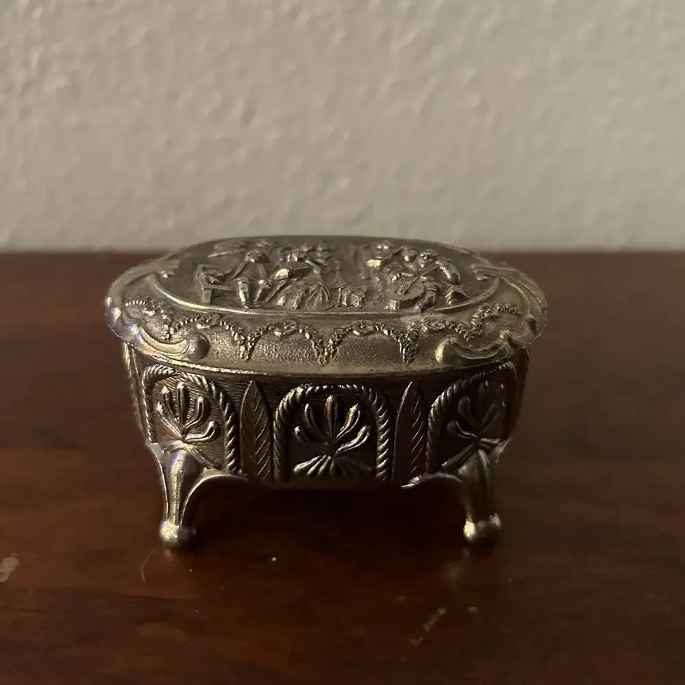 VTG English Silver Tone Jewelry Box Footed Lined Ornate Courting Patina Raised